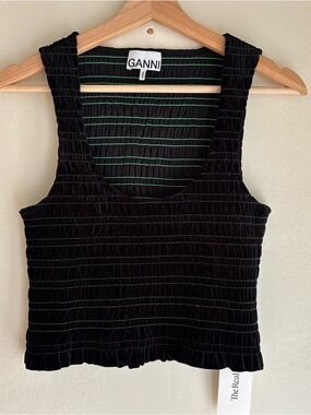 Ganni Black Smocked Cropped Tank Top with Green Stitching